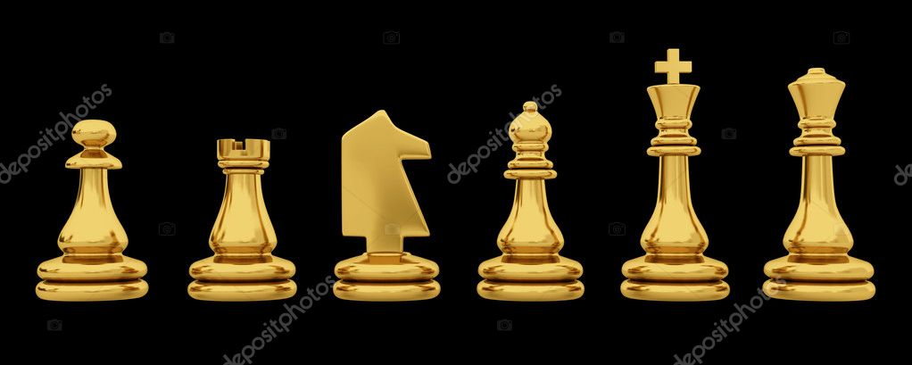 golden chess pieces isolated on black background stock photo
