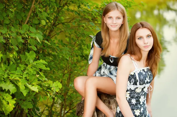 Dwie piękne dziewczyny siedzą na stub — Zdjęcie stockowe