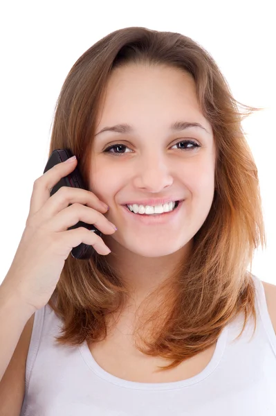 Hermosa mujer habla por teléfono móvil — Foto de Stock