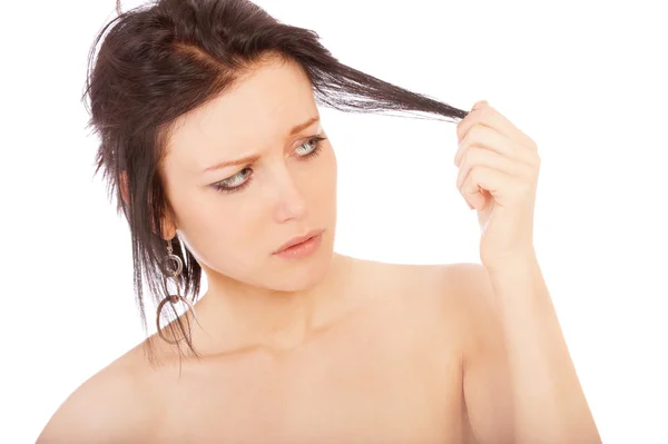 Brunette nem boldog, törékeny haj — Stock Fotó