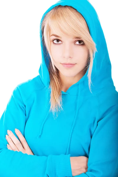 Mujer en capucha azul — Foto de Stock
