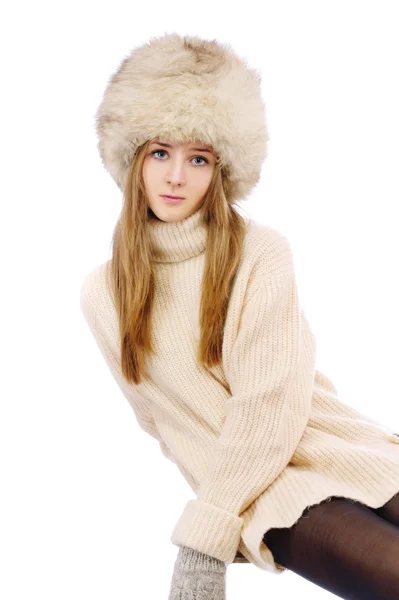 Woman in fur cap and sweater — Stock Photo, Image