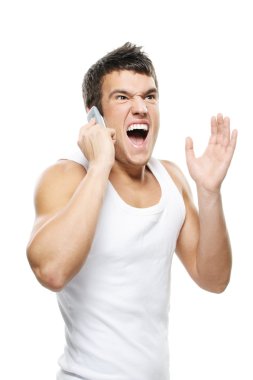 Portrait of young man shouting on mobile telephone clipart