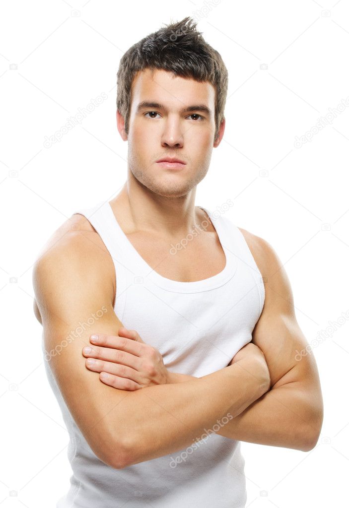 Portrait of young handsome man against white background