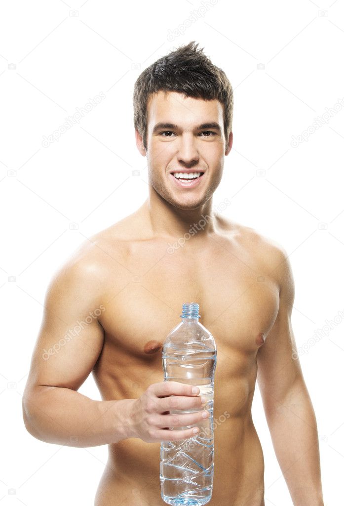 Portrait of young man holding bottle of water