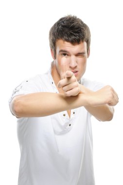 Portrait of young man with imagined gun clipart