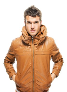 Portrait of young attractive man wearing keather jacket clipart