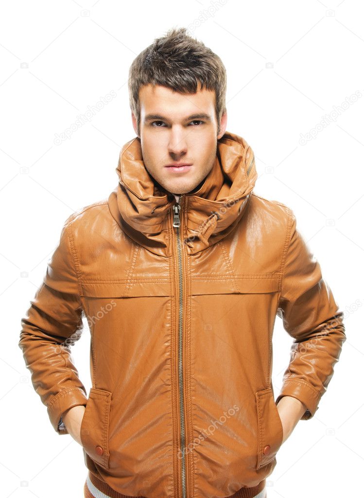 Portrait of young attractive man wearing keather jacket
