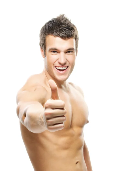 Portret znaku młodego człowieka showimg "thumbs-up" — Zdjęcie stockowe