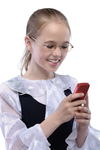 Porträtt av lilla flicka håller telefon — Stockfoto