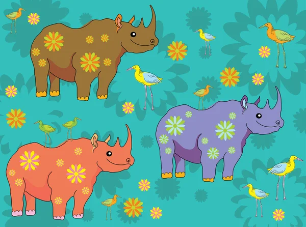Felice cartone animato rinoceronti e uccelli — Vettoriale Stock