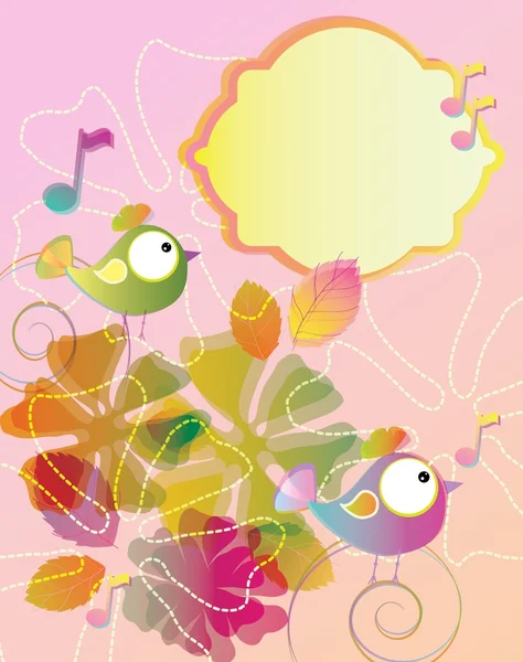 Kleur achtergrond met vogels en bloemen en label — Stockvector