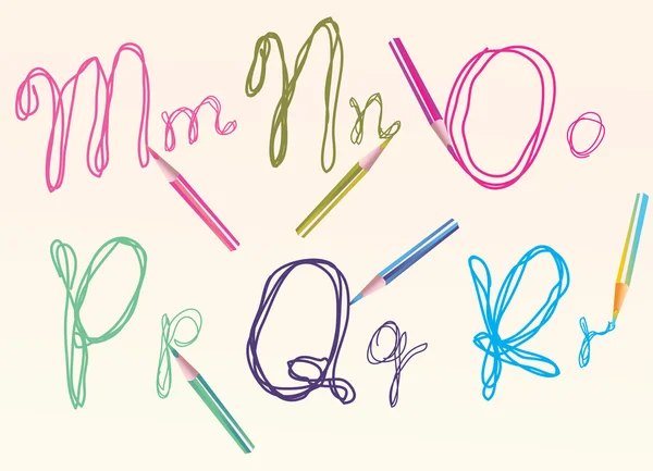 Lettere di disegno a mano a colori per il vostro disegno, mnopqr — Vettoriale Stock