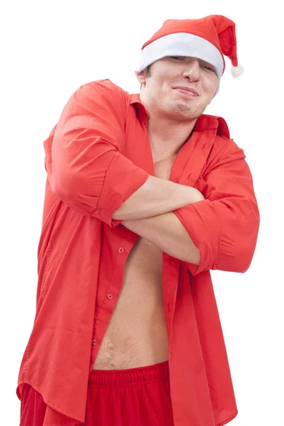 Sexy svalový legrační muž klobouk santa claus — Stock fotografie