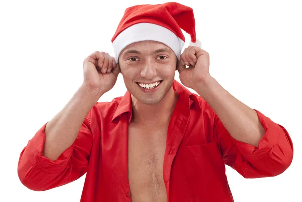 Sexy muscular homem vestindo um Papai Noel chapéu — Fotografia de Stock
