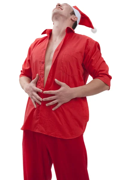 산타 클로스 모자를 쓰고, 웃 고 섹시 한 근육 질의 남자 — 스톡 사진