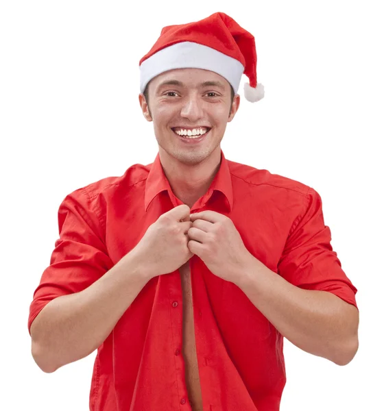 Seksi kaslı adam Noel Baba şapkası — Stok fotoğraf