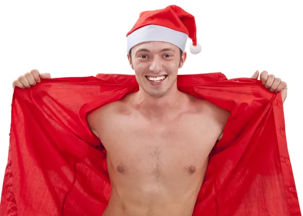 サンタ クロースの帽子を着ているセクシーな筋肉の男 — ストック写真