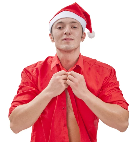 Seksi kaslı adam Noel Baba şapkası — Stok fotoğraf