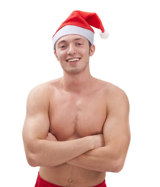Sexig muskulös man jultomten hatt — Stockfoto