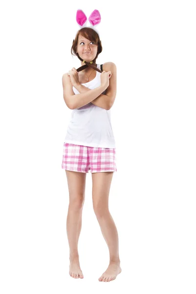 Gyönyörű fiatal nő, rózsaszín rövidnadrág — Stock Fotó