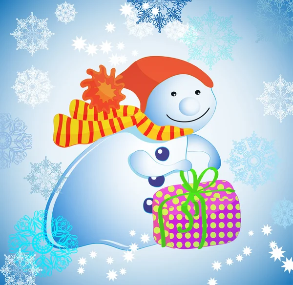 Рождественская иллюстрация - фон со снеговиком, подарок и снег — стоковый вектор