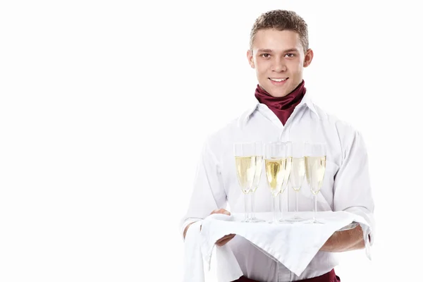 Молодий офіціант з підносом — стокове фото
