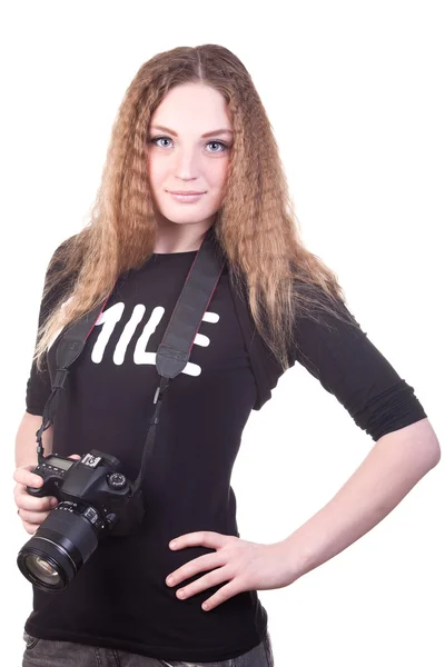 stock image Young woman posing with professional photo camera