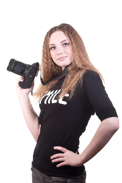 stock image Young woman posing with professional photo camera