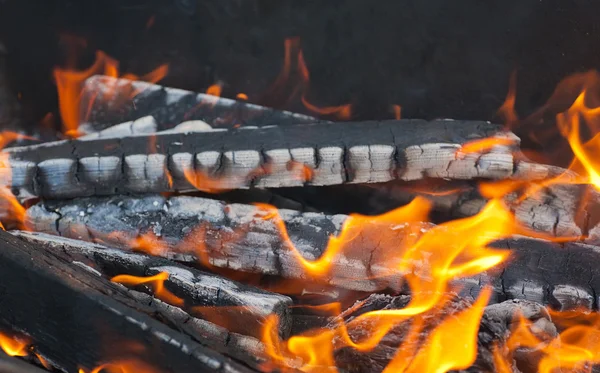 Burning wood and coal in fireplace — Stock Photo, Image