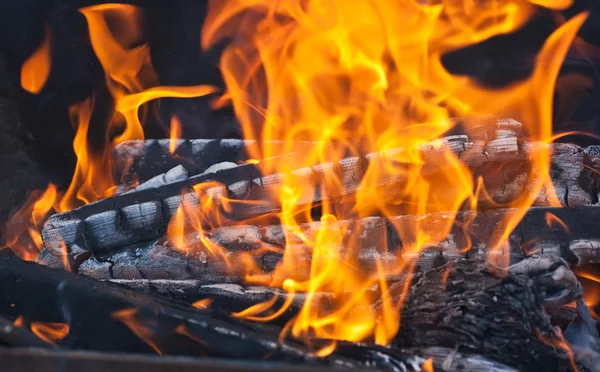 Burning wood and coal in fireplace — Stock Photo, Image