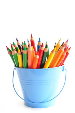 Blue bucket with color pencils clipart