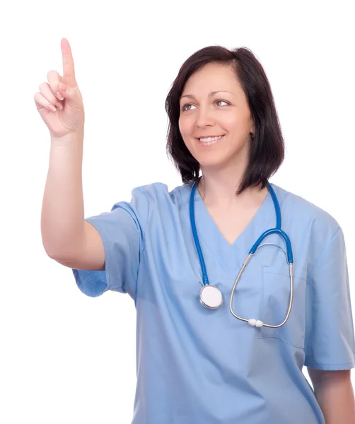 Giovane medico sorridente mostra con le dita — Foto Stock
