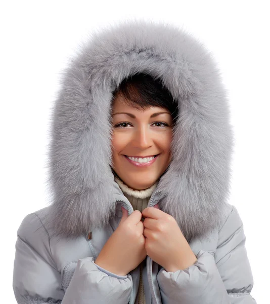 Portrait of young woman in fluffy hood — Stock Photo, Image