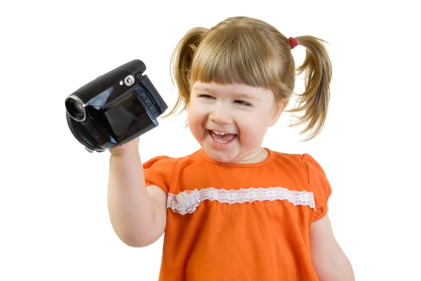 Petite fille mignonne avec camcoder — Photo