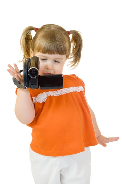 Carino bambina con videocamera — Foto Stock