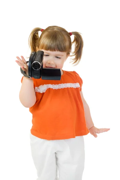 Carino bambina con videocamera — Foto Stock