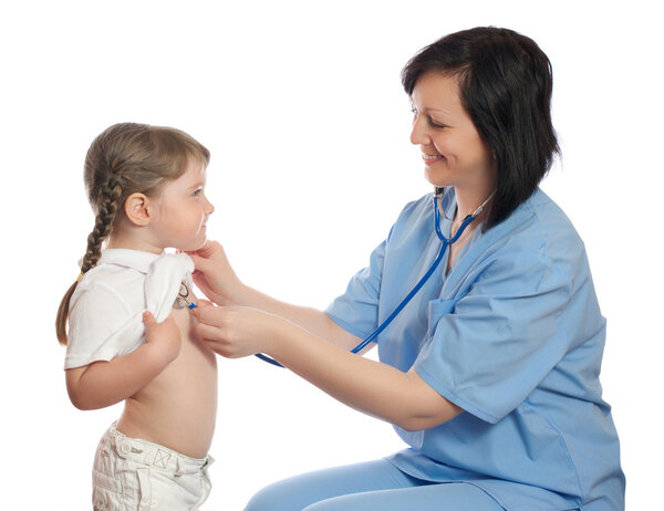 Doctor listens by stethoscope little girl