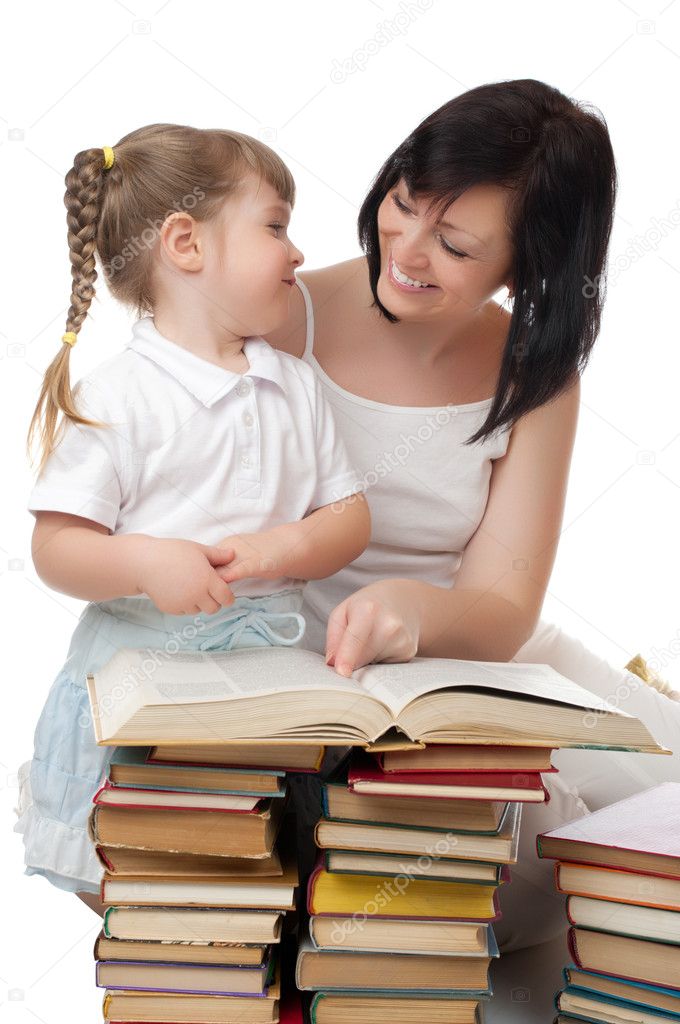 Little girl and her mother with books