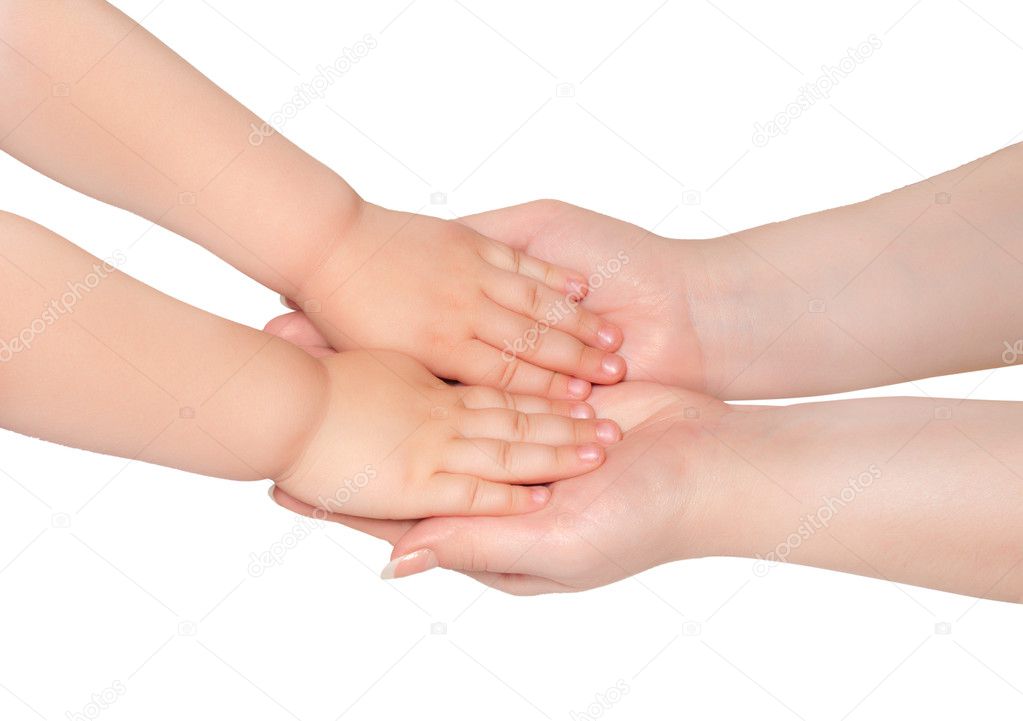 Woman hold hands of little child