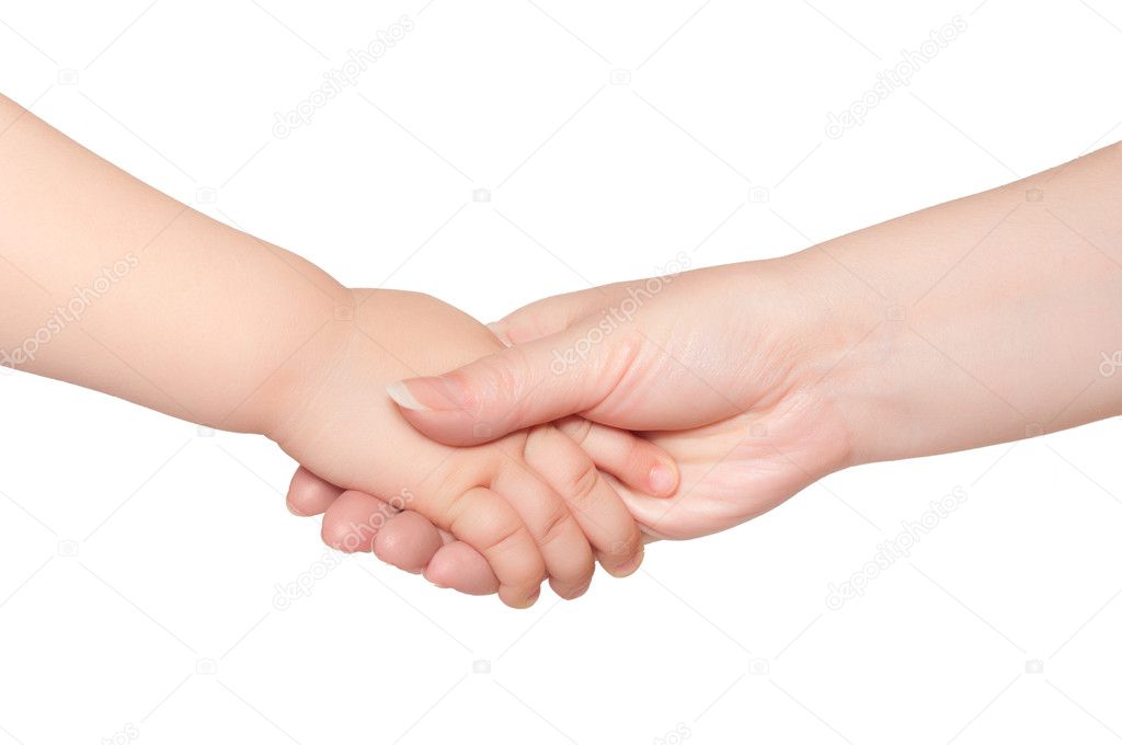 Woman hold hand of little child
