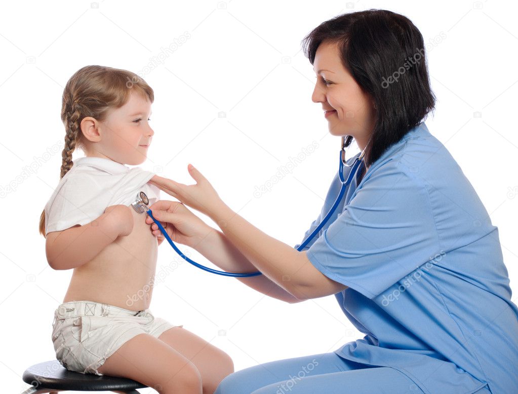 Doctor listens by stethoscope girl