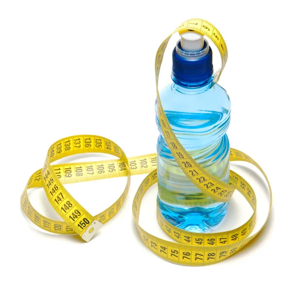 Blue bottle of water with centimeter tape — Stock Photo, Image