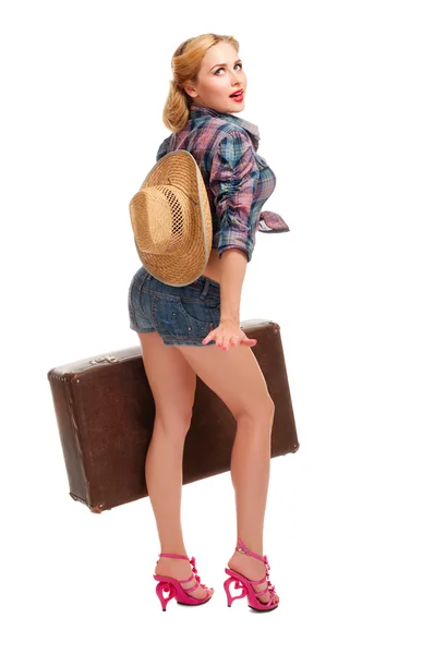 Vacker kvinna med resväska — Stockfoto