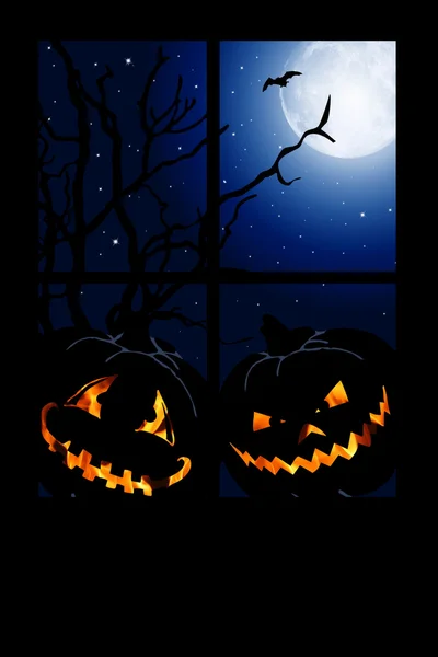Тыковка на Хэллоуин смотрит в окно — стоковое фото