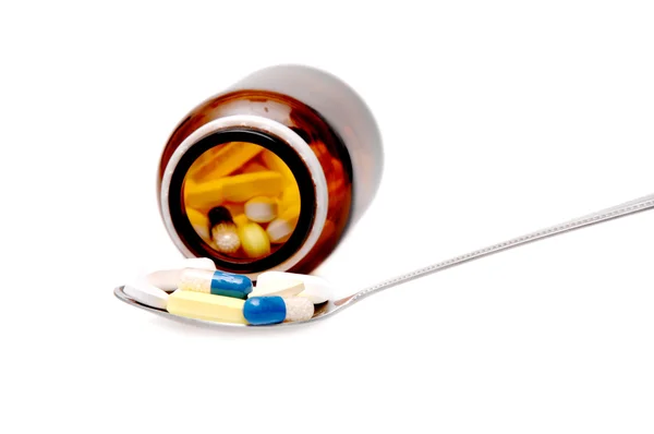 Verschiedene Arten von Medikamenten auf weißem Hintergrund Stockbild
