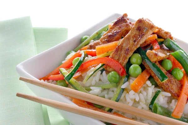 Rice with pork meat and vegetables — Stock Photo, Image