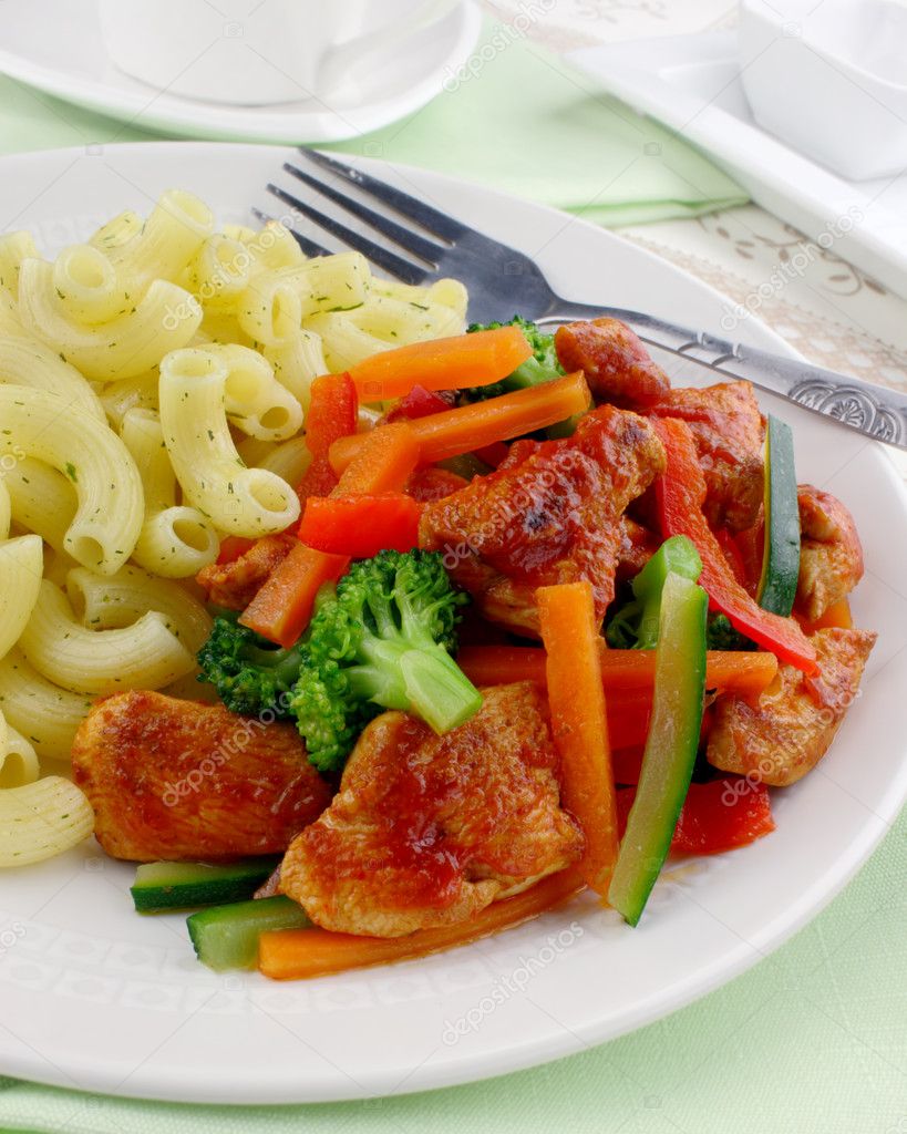 Pasta with chicken and vegetables Stock Photo by ©papkin 6407516