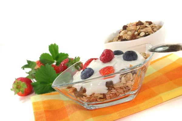 Muesli com iogurte, frutas frescas e nozes — Fotografia de Stock