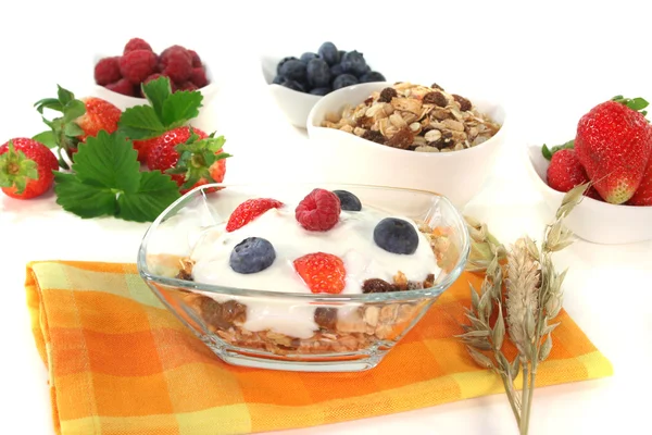 Мюсли с йогуртом, свежими фруктами и орехами — стоковое фото
